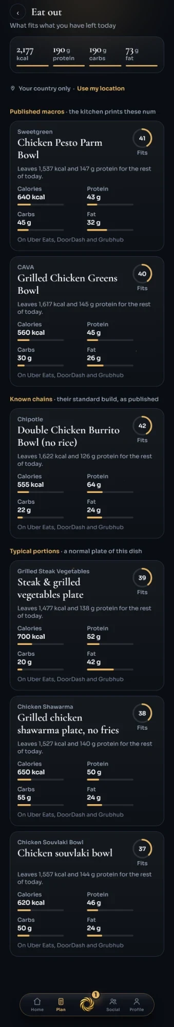 Actual Eat Out screen comparing restaurant meals with remaining calories and macros