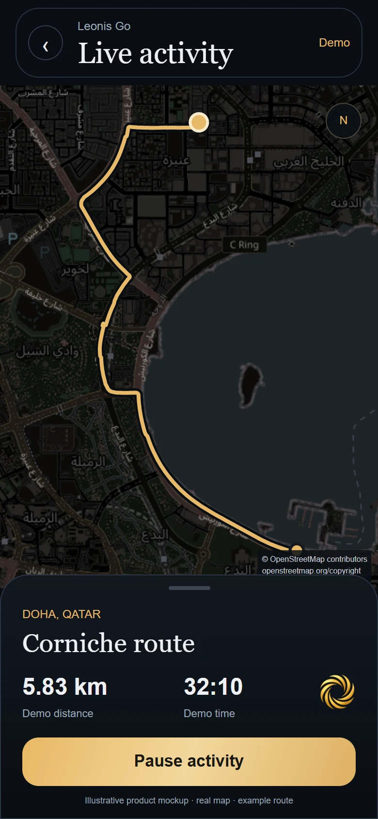 Illustrative Leonis Go tracking screen on a real OpenStreetMap of Doha Corniche