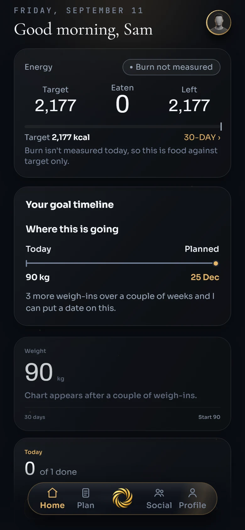 Original Leonis home screen showing daily energy and goal timeline
